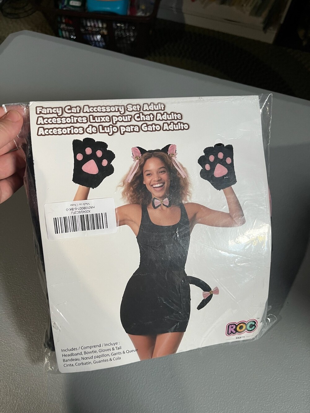 Black Cat Halloween Adults Costume 5 Pc Set Pink Ears Gloves Tail Bow Tie Bells